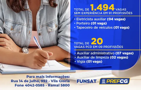 Funsat anuncia 2,2 mil vagas de emprego em 286 empresas nesta quinta-feira (9) 